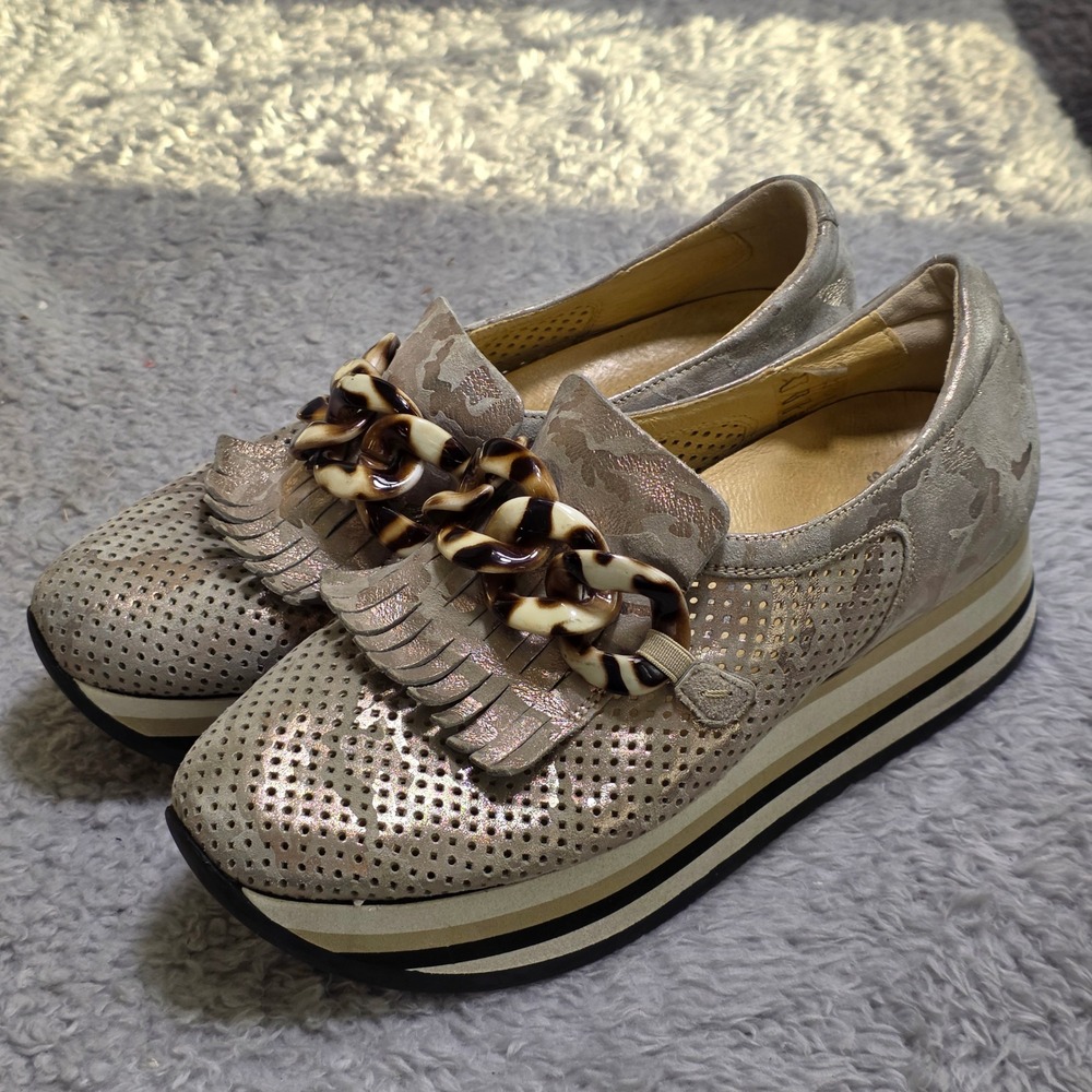 Softwaves Cadie‎ Platform Sneakers Khaki Camo Metallic Leather Shoes Women 36.5